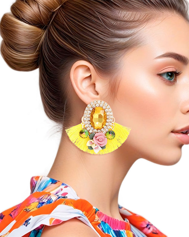 Studs Yellow Crystal Fan Tassel Floral Earrings