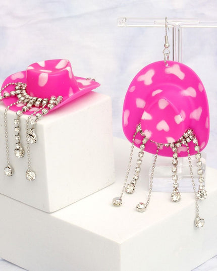 Fish Hook Fuchsia White Cowgirl Hat Fringe Earring