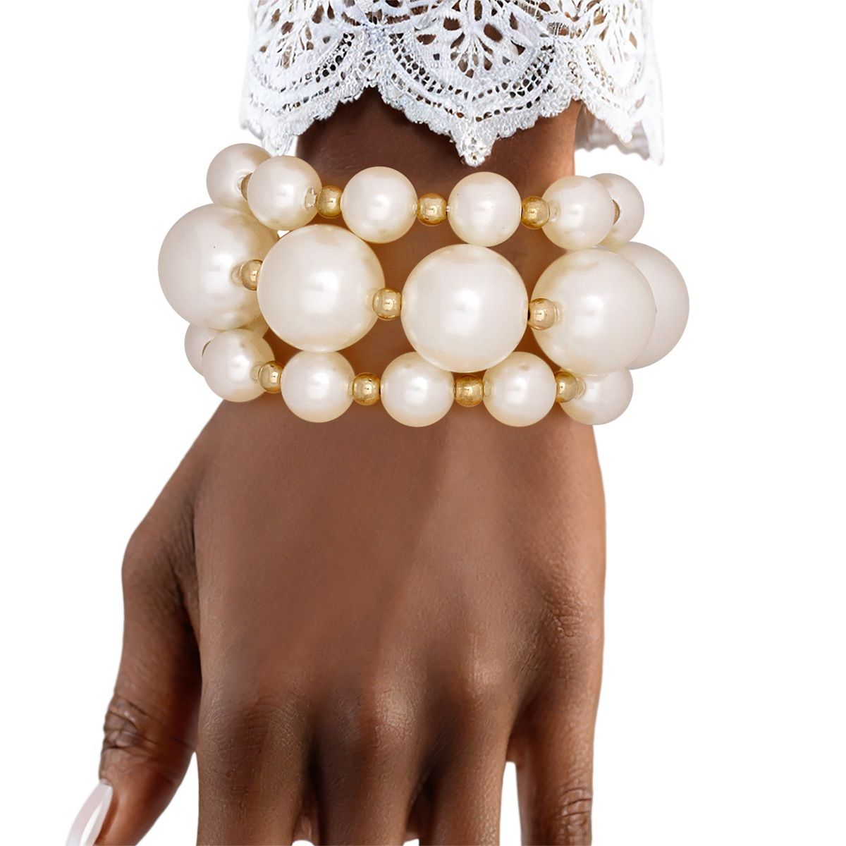 Pearl Cream Gold Contrast Stretch Bracelet Set
