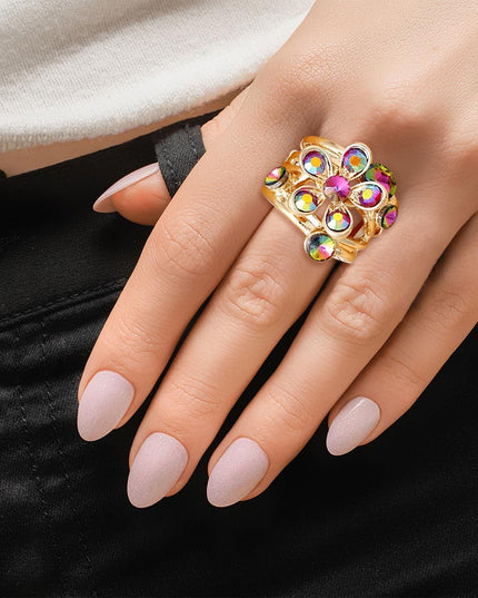 Cocktail Ring Multicolor Flower Gold Branch Women