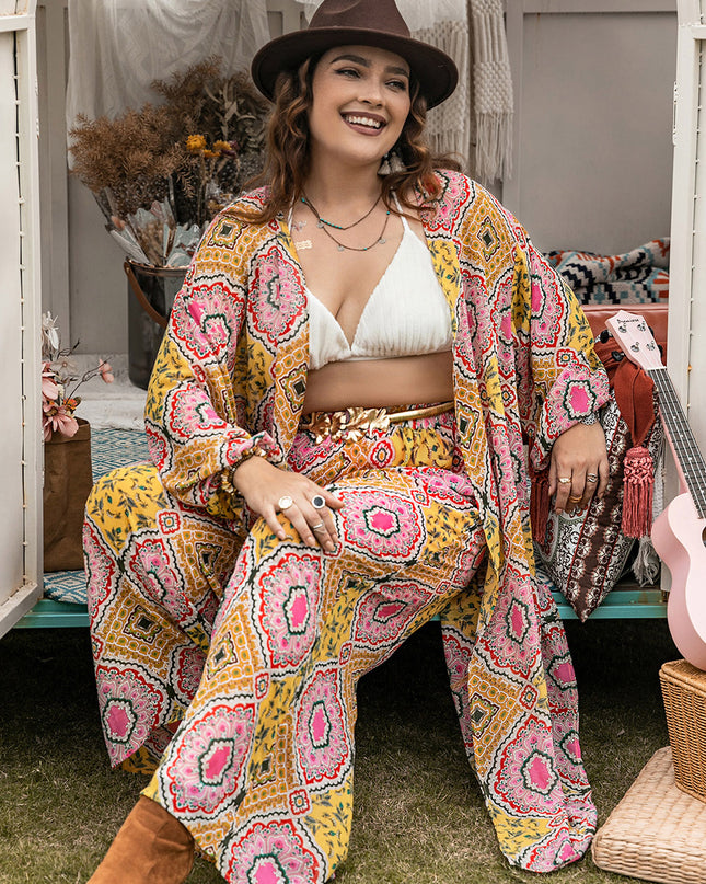 Plus Size Printed Open Front Cover Up and Pants Set