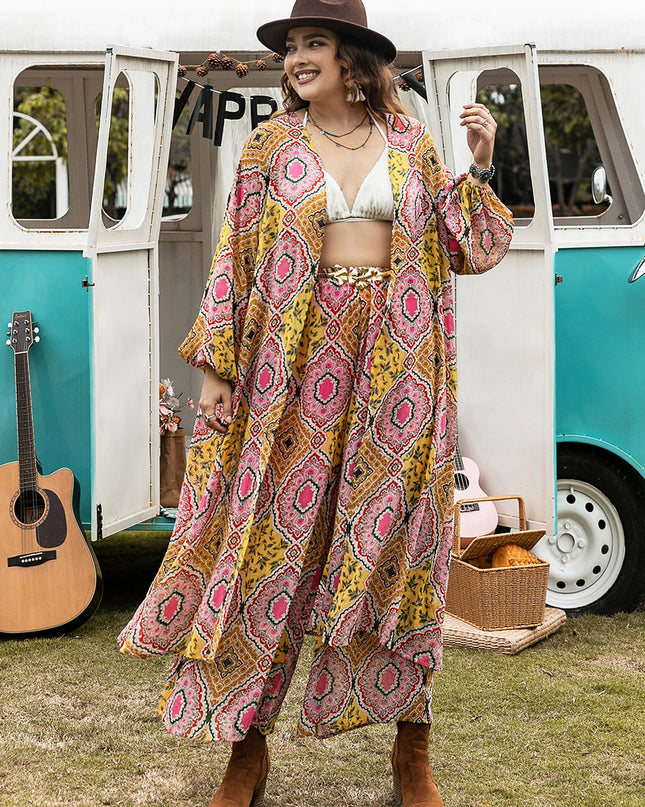 Plus Size Printed Open Front Cover Up and Pants Set