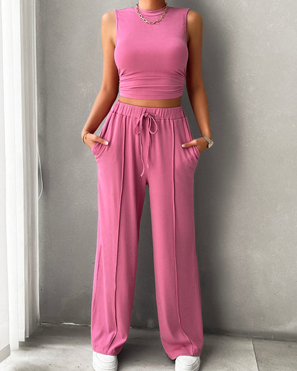 Mock Neck Sleeveless Top and Drawstring Pants Set
