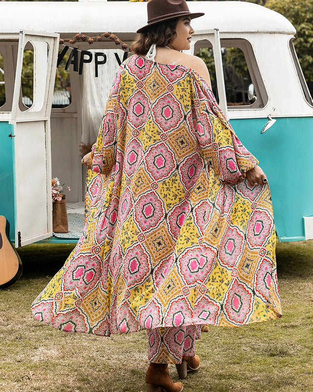 Plus Size Printed Open Front Cover Up and Pants Set