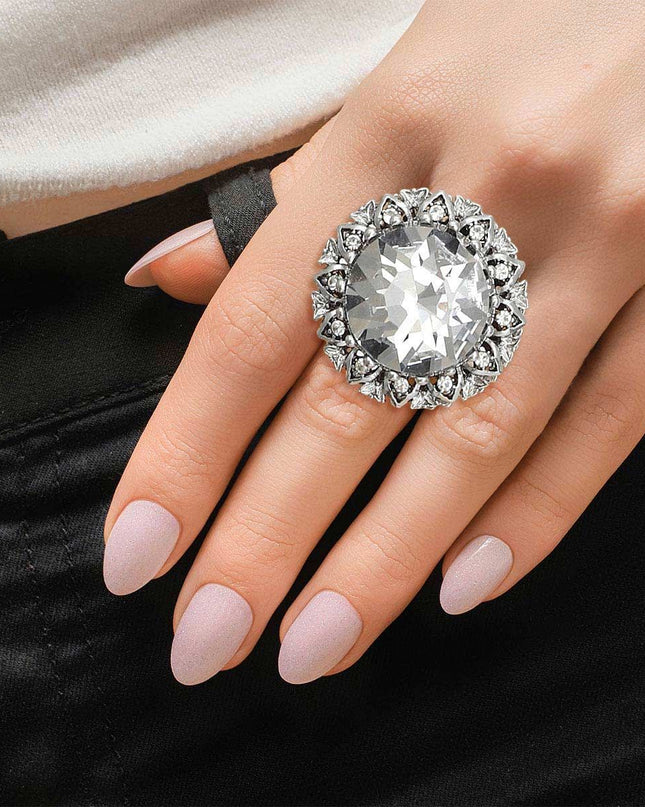 Silver Clear Crystal Vintage Cocktail Ring