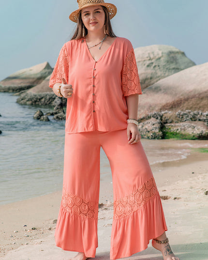 Plus Size Button Up Half Sleeve Top and Pants Set