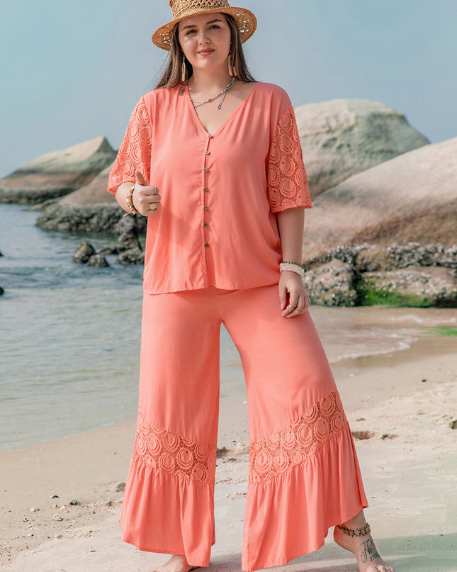Plus Size Button Up Half Sleeve Top and Pants Set