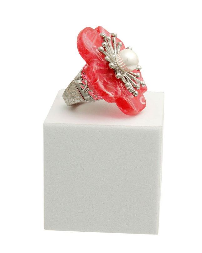 Marbled Red Flower Silver Ring