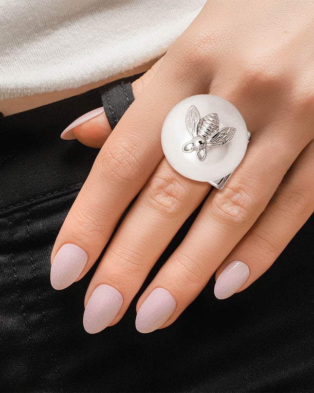 Silver Bee Accented Pearl Ring