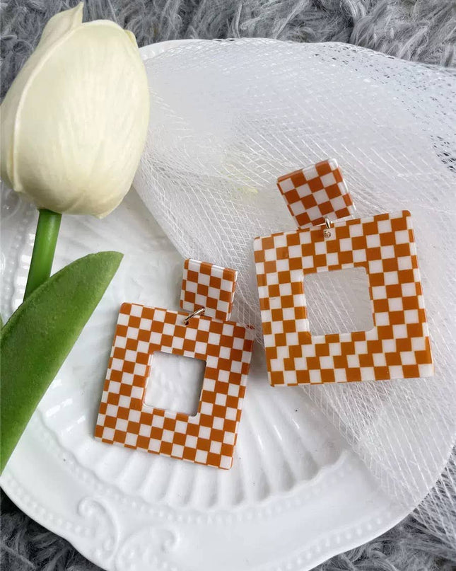 Orange and White Checkered Earrings 