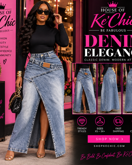 High-Waisted Asymmetric Slit Denim Maxi Skirt