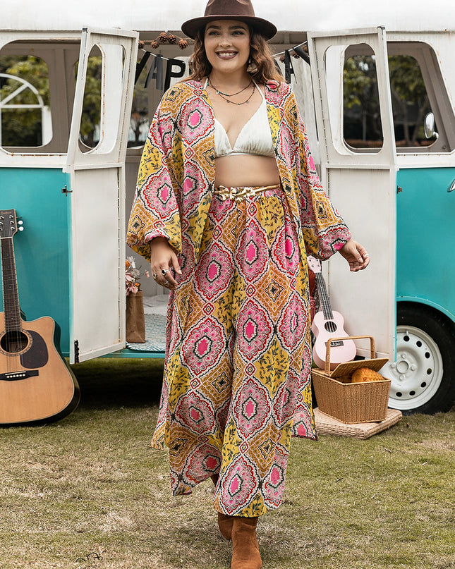Plus Size Printed Open Front Cover Up and Pants Set
