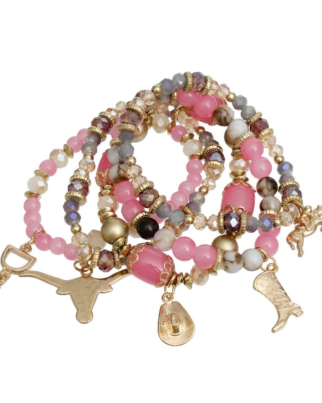 Bead Pink 5 Pcs Western Cowgirl Charm Bracelets