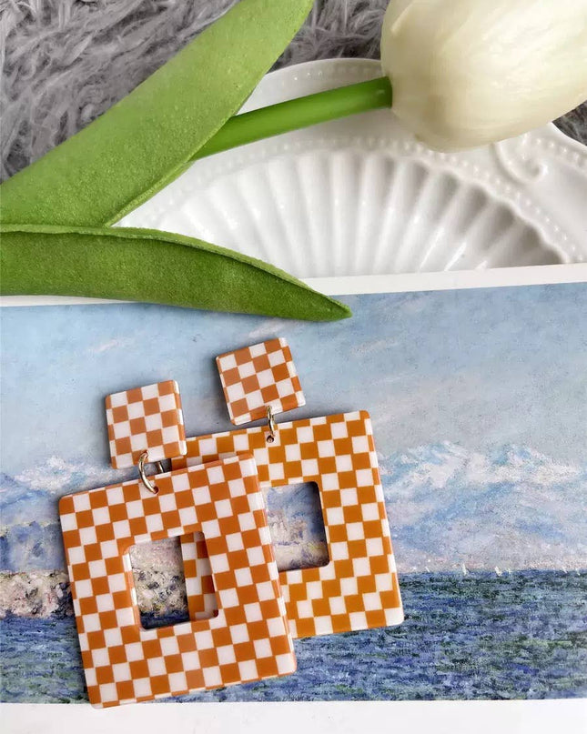 Orange and White Checkered Earrings 