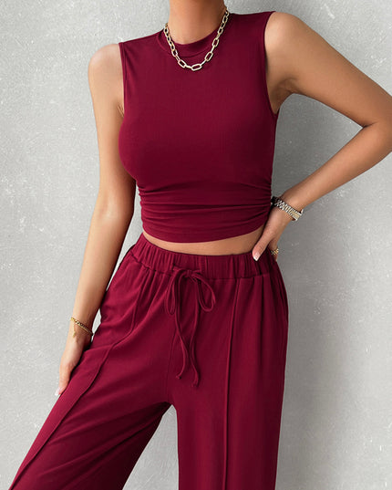 Mock Neck Sleeveless Top and Drawstring Pants Set