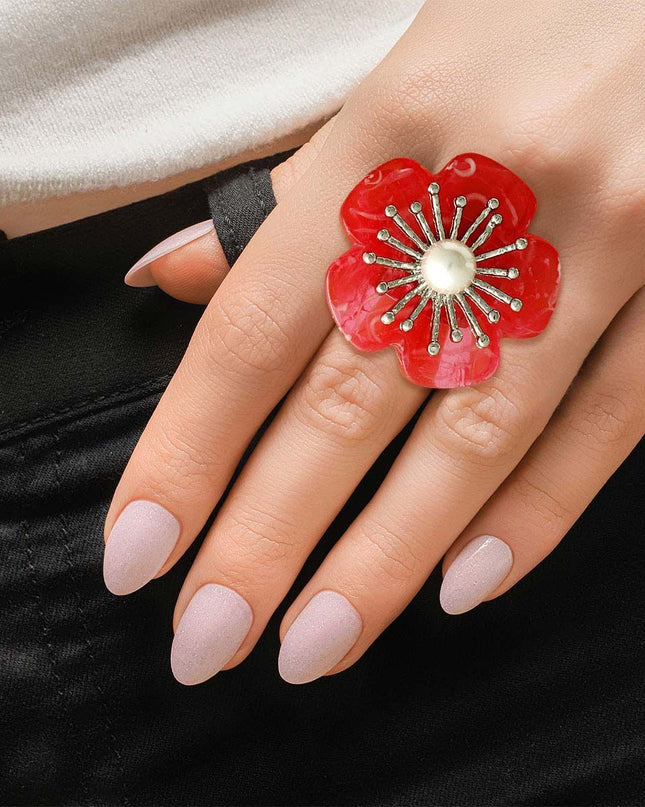 Marbled Red Flower Silver Ring