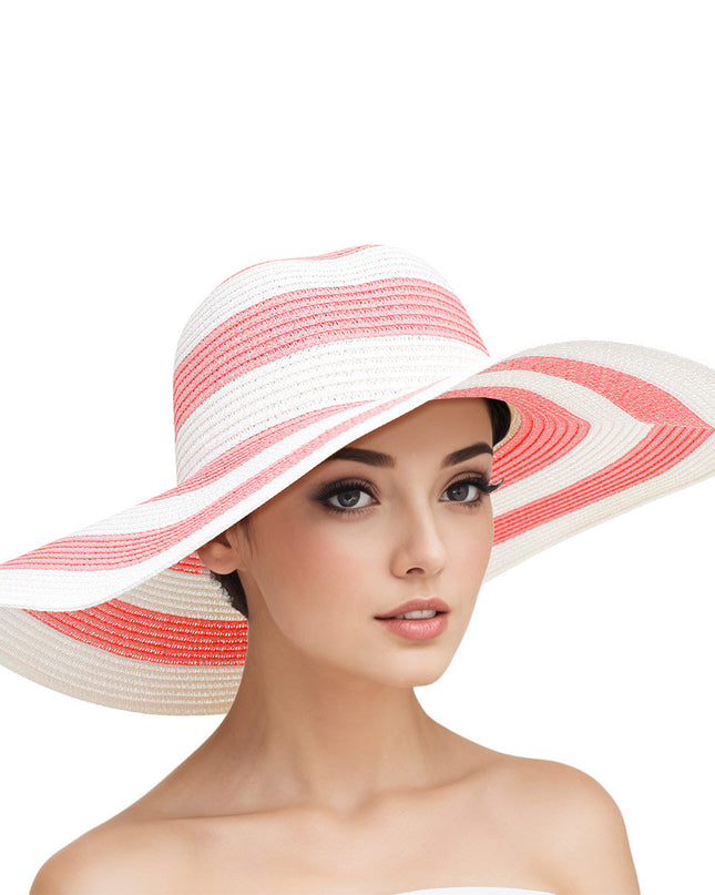 Straw Hat Vogue Pink White Striped Wide Brim Hat