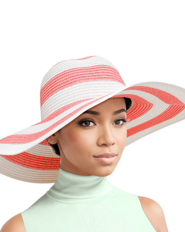 Straw Hat Vogue Pink White Striped Wide Brim Hat