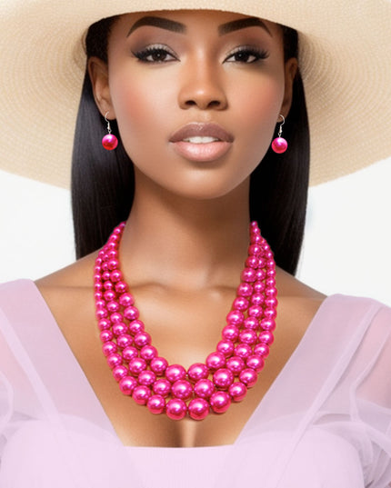 Fuschia Multi Strand Pearl Necklace Set