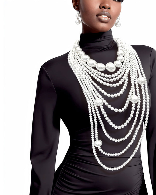 White Long White Pearl Necklace Set