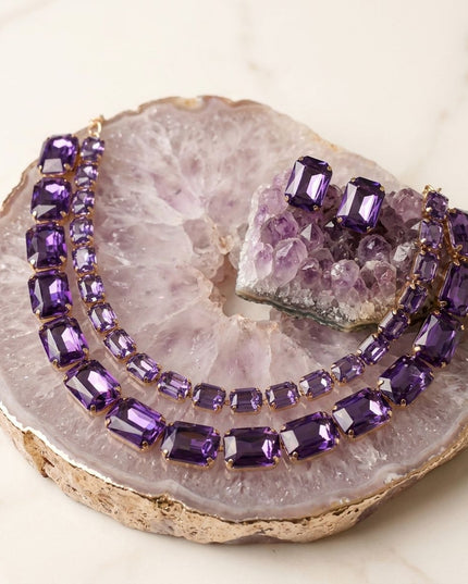 Lavender Emerald Cut Crystal 2 Row Necklace Set
