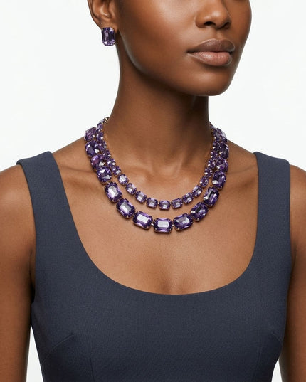 Lavender Emerald Cut Crystal 2 Row Necklace Set