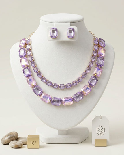 Lavender Emerald Cut Crystal 2 Row Necklace Set