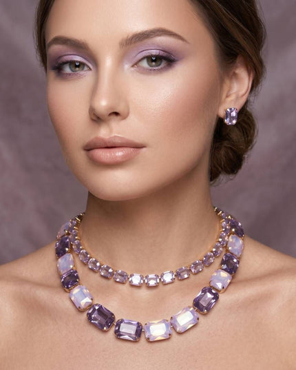 Lavender Emerald Cut Crystal 2 Row Necklace Set