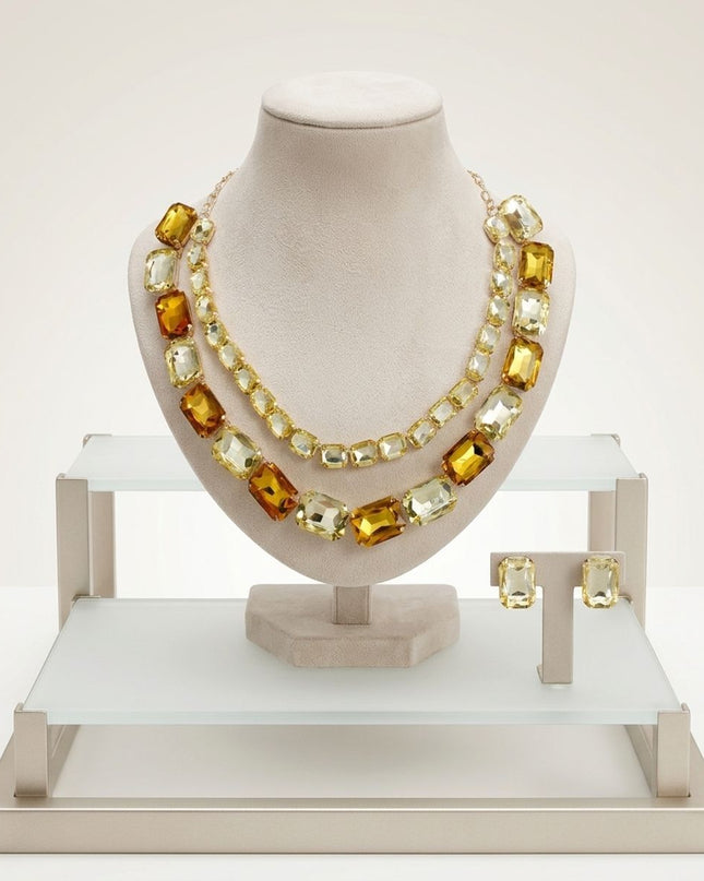 Yellow Emerald Cut Crystal 2 Row Necklace Set