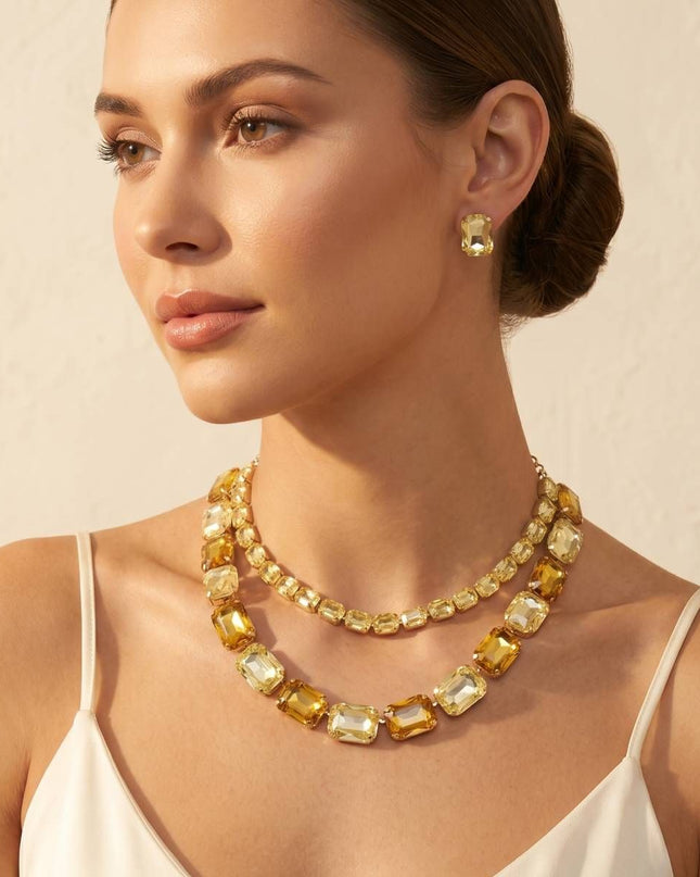 Yellow Emerald Cut Crystal 2 Row Necklace Set