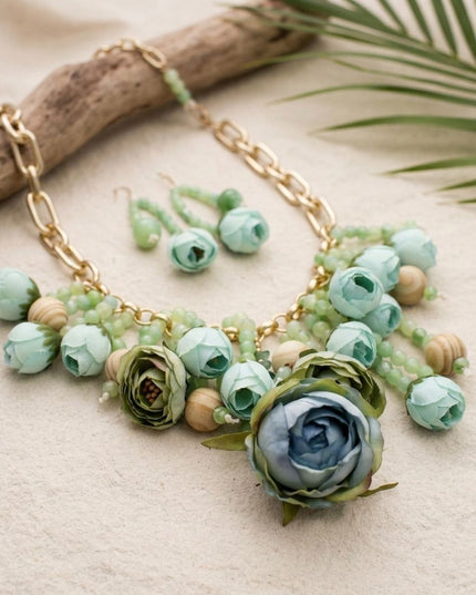 Green Floral Garden Fringe Statement Necklace