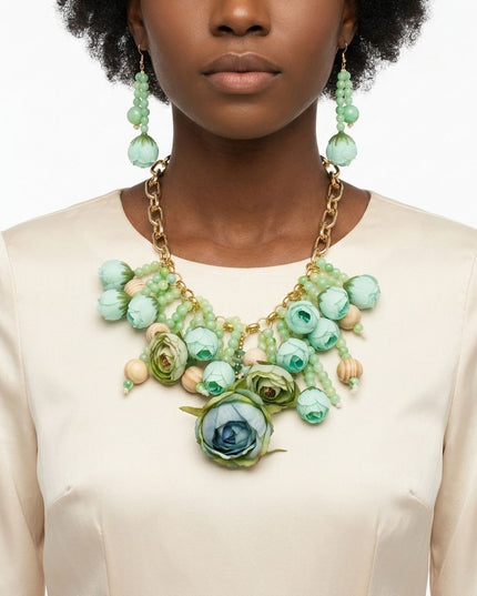 Green Floral Garden Fringe Statement Necklace