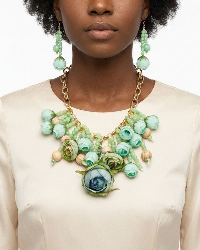 Green Floral Garden Fringe Statement Necklace