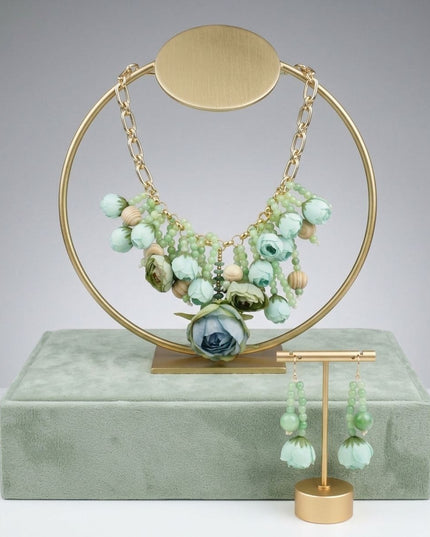 Green Floral Garden Fringe Statement Necklace