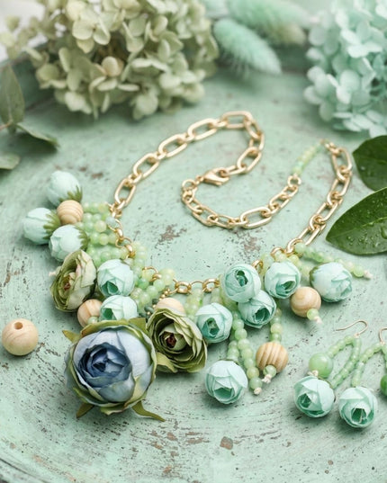 Green Floral Garden Fringe Statement Necklace
