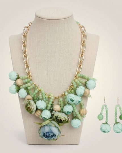 Green Floral Garden Fringe Statement Necklace
