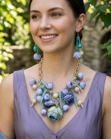 Turquoise Floral Garden Fringe Statement Necklace