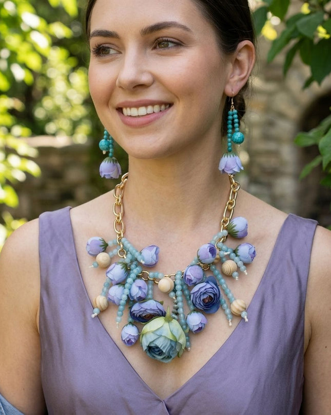 Turquoise Floral Garden Fringe Statement Necklace