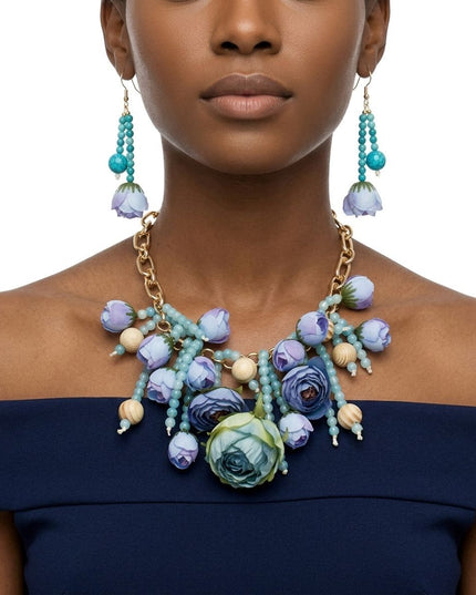 Turquoise Floral Garden Fringe Statement Necklace