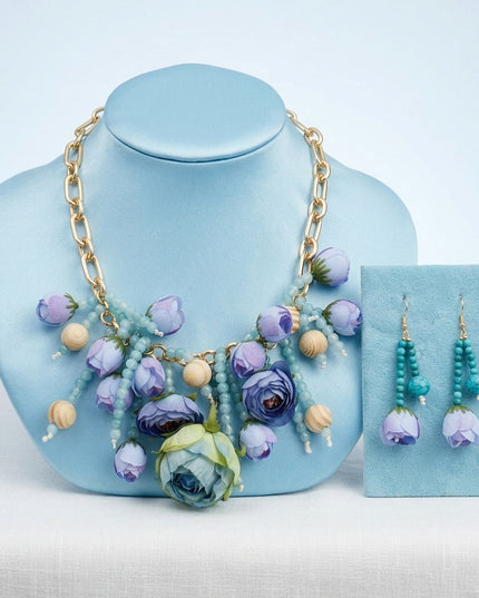 Turquoise Floral Garden Fringe Statement Necklace