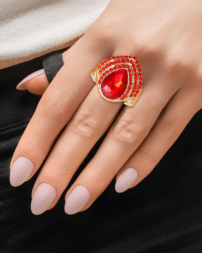 Cocktail Ring Red Teardrop Pave Stone for Women