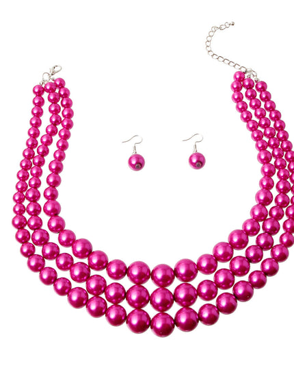 Fuschia Multi Strand Pearl Necklace Set