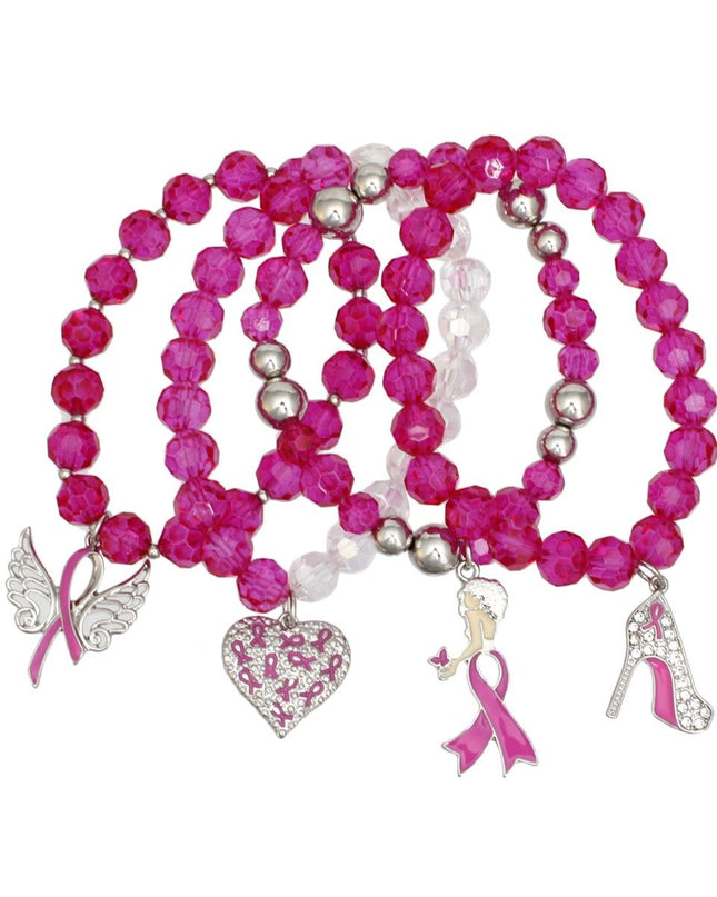 Breast Cancer Pink Glass Bead Angel 4 Pc Bracelets