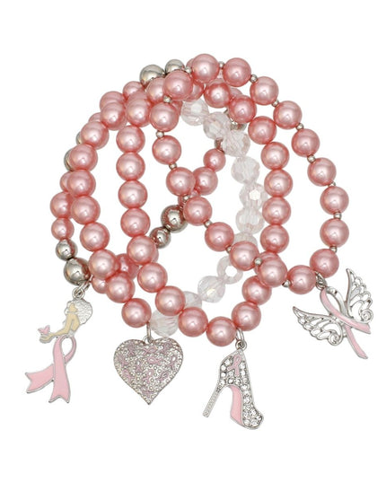 Breast Cancer Light Pink Pearl Angel 4 Pc Bracelets