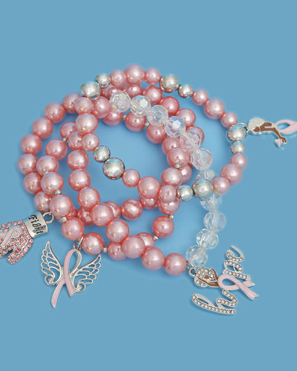 Breast Cancer Light Pink Pearl Fight 4 Pc Bracelets