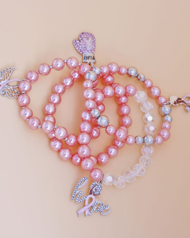 Breast Cancer Light Pink Pearl Fight 4 Pc Bracelets