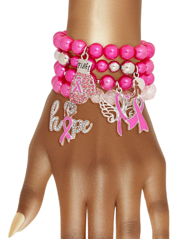 Breast Cancer Pink Pearl Fight 4 Pc Bracelets