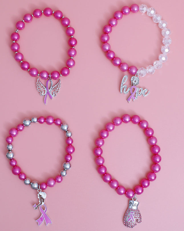 Breast Cancer Pink Pearl Fight 4 Pc Bracelets