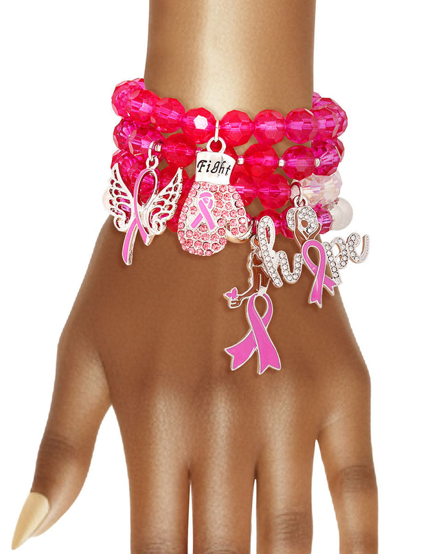 Breast Cancer Pink Glass Bead Fight 4 Pc Bracelets