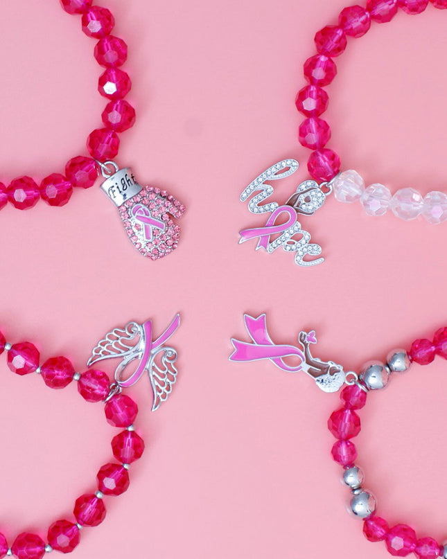 Breast Cancer Pink Glass Bead Fight 4 Pc Bracelets